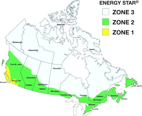 This map shows major urban areas in Canada in three distinct climate zones.