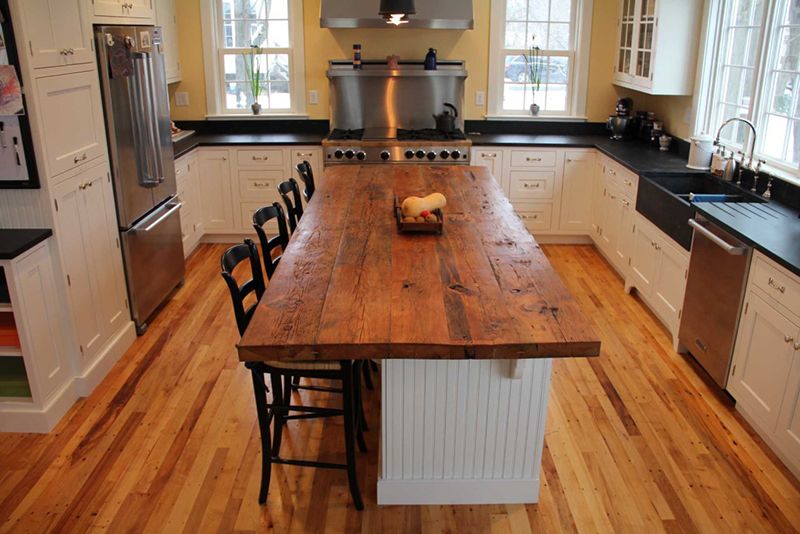 golden oak hardwood floors blended with butcher block countertops